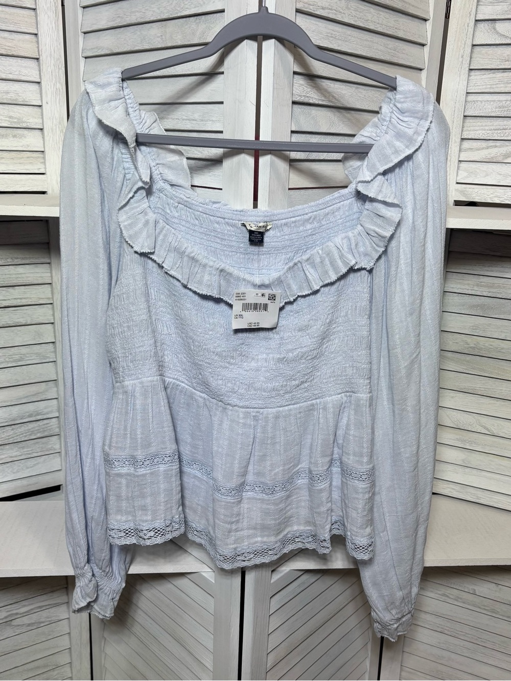 American Eagle Light Blue Smocked Ruffle Long Sleeve Peplum Blouse Top XXL NWT